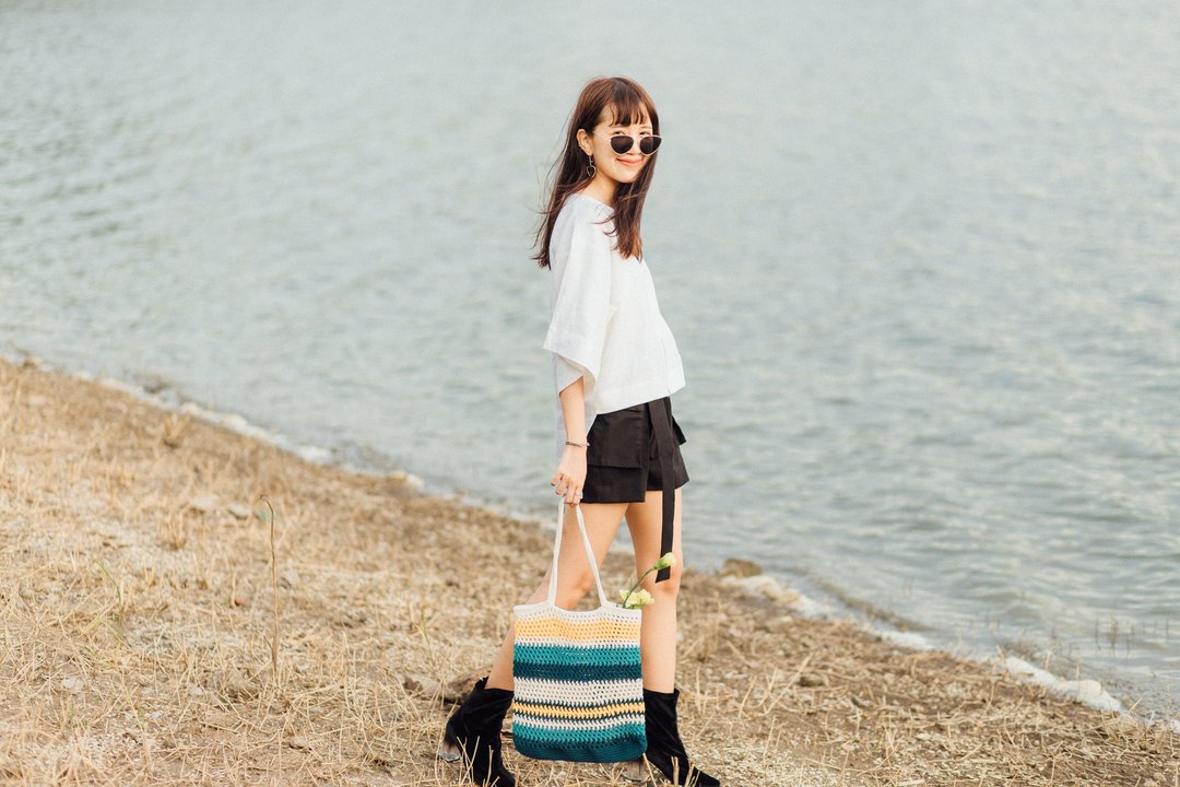 Yellow-Navy Multia crochet bag - 后背包/双肩包 - 棉 黄色