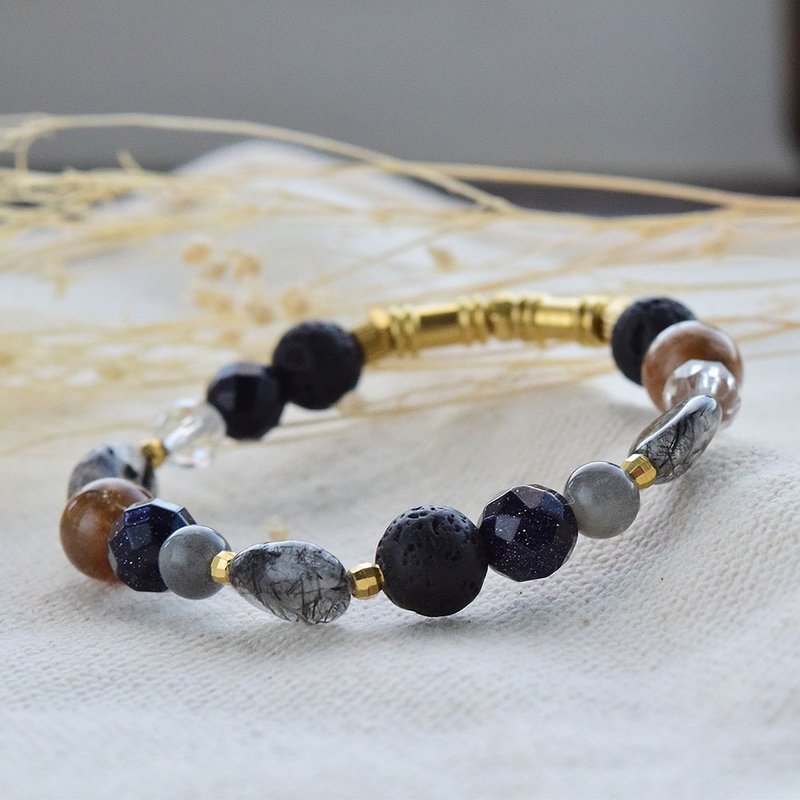 【火山石・黑发晶・拉长石・红铜钛・白水晶】 手链/手环 - 手链/手环 - 玉石 黑色