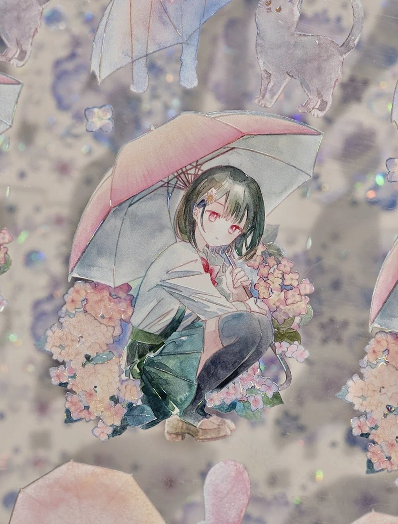 如雨天 雨音と 少女の ひととき PET 貝殼光 和紙膠帶 (kiss-cut) - 纸胶带 - 其他材质 多色