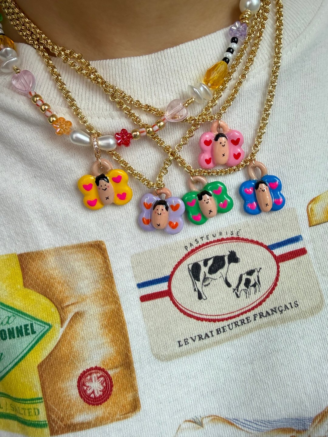 小蝴蝶 手作 黏土 自家制 花花送礼 可爱 - 项链 - 粘土 多色