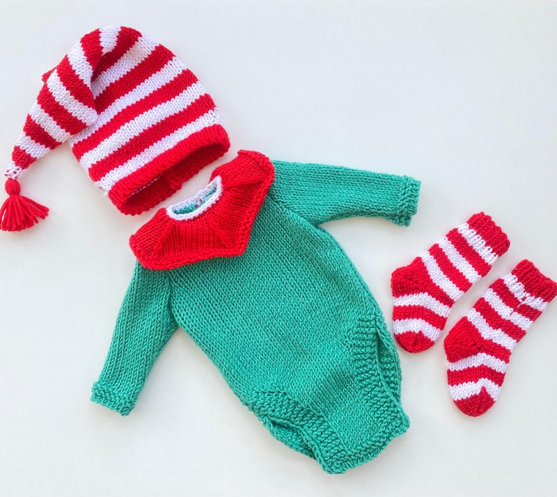 Hand knit elf clothing set for baby girl, or boy: romper, hat, socks. Photo prop - 包屁衣/连体衣 - 其他材质 