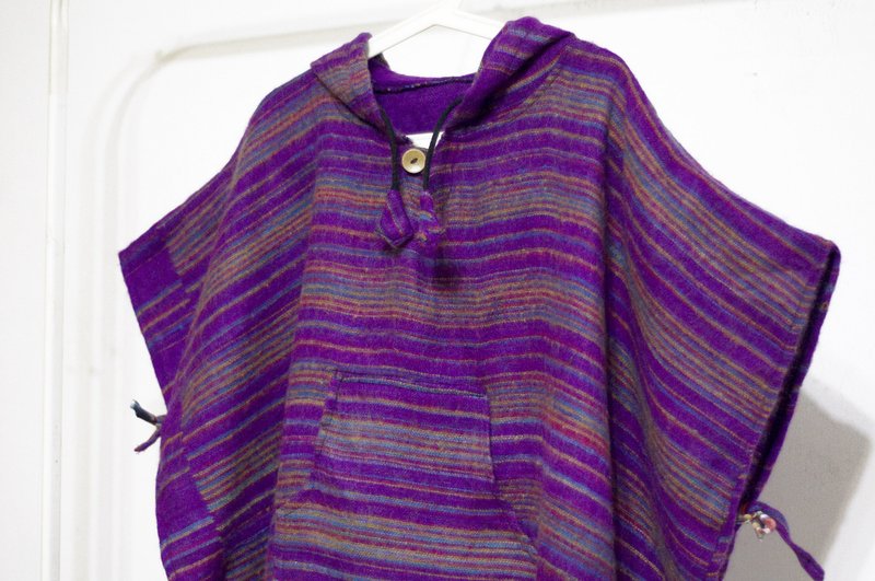 情人节礼物 母亲节礼物 限量一件针织纯羊毛披巾 / 民族风斗篷 / 印地安流苏披巾 / 波希米亚斗篷披肩 / 羊毛斗篷 / 手织围巾 - 漫步在浪漫紫色条纹 - 丝巾 - 羊毛 紫色