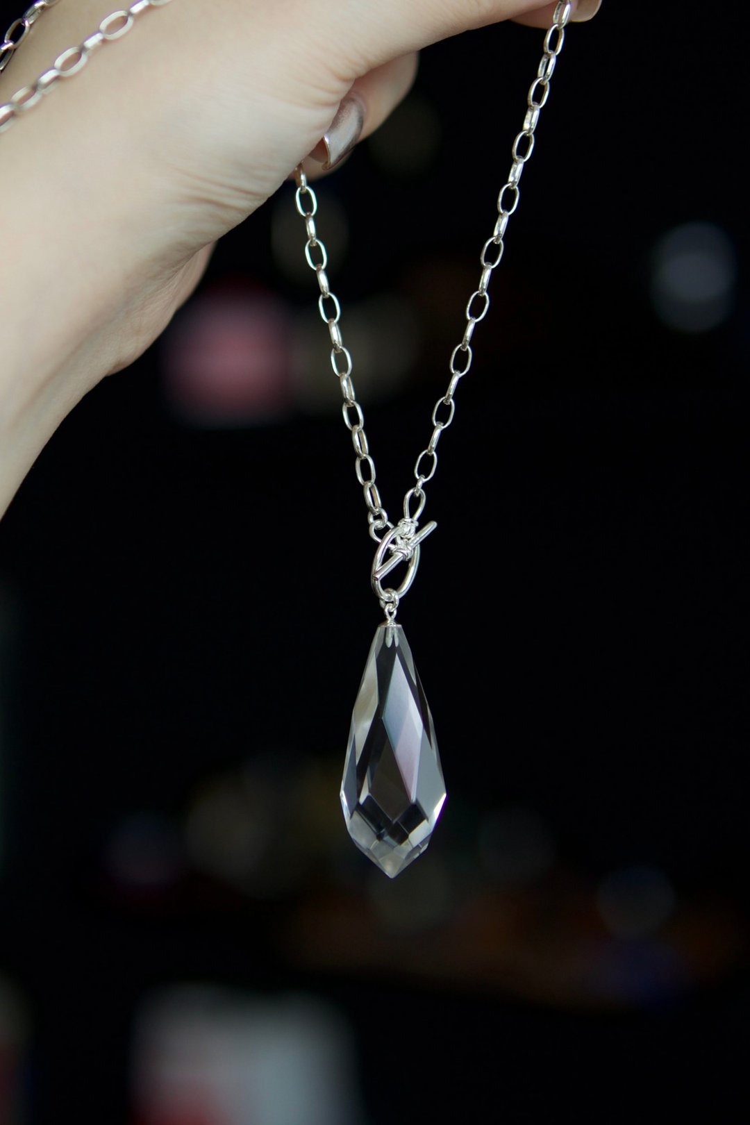 天然白水晶 灵摆 银项链 - 项链 - 水晶 
