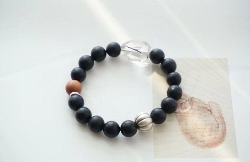 10mm天然和田玉/和阗玉-墨玉 银瓜珠黑发晶随型珠设计单圈手串s - 手链/手环 - 玉石 咖啡色