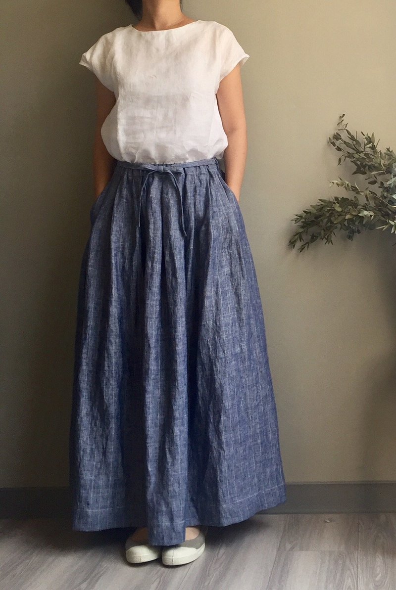 美好的一天*单宁气息蓝色条纹绑带落地裙  100%亚麻 - 裙子 - 棉．麻 