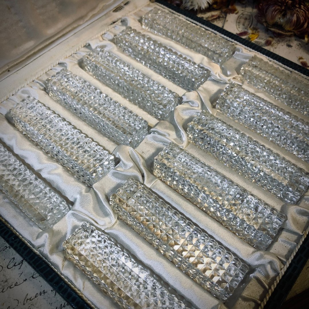 法国早期手工六面切割洛林水晶盒装餐具架组 - 菜刀/刀架 - 水晶 