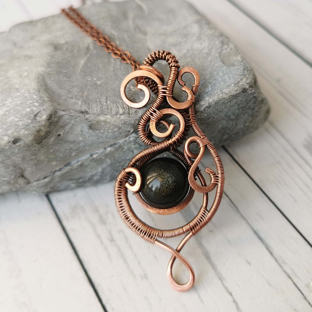 Obsidian necklace. Wire wrapped copper pendant with Gold Sheen Obsidian bead. - 项链 - 宝石 多色