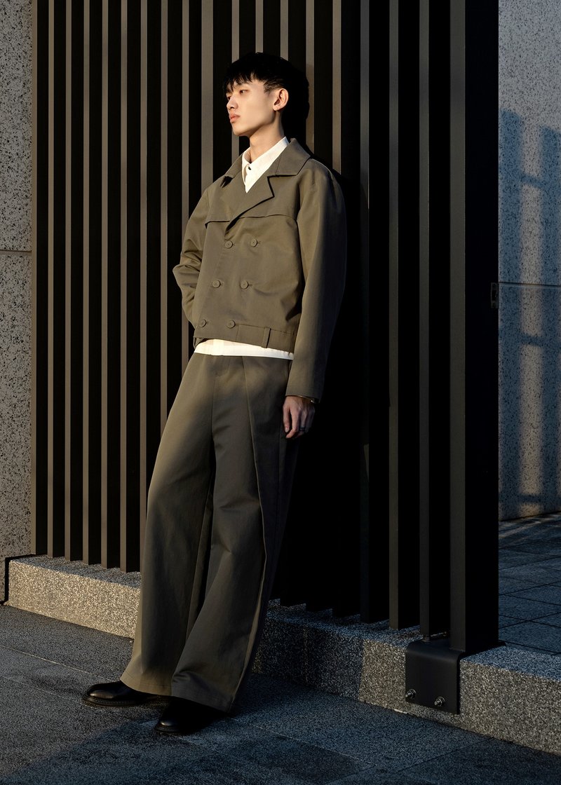 不对称斜褶长裤 - 男士长裤 - 棉．麻 绿色