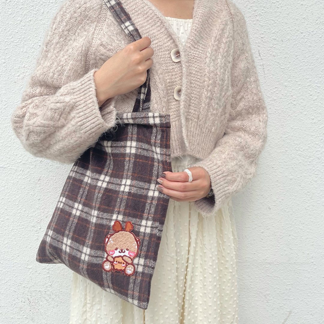 小鹿鹿饼 复古深咖格子侧背包 | Totebag - 手提包/手提袋 - 棉．麻 
