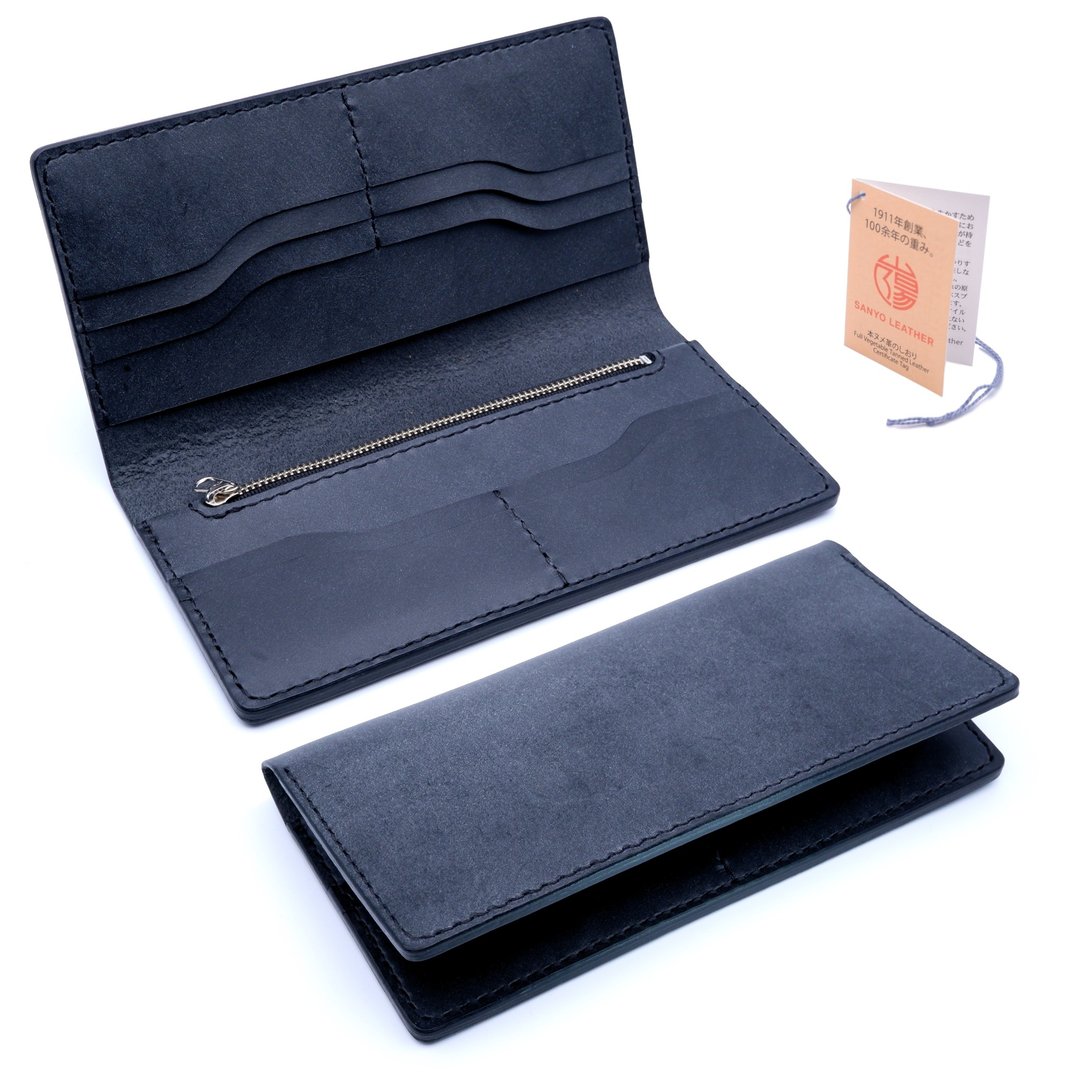 Bi-fold long wallet with coin purse Black Himeji leather genuine leather - 皮夹/钱包 - 真皮 黑色