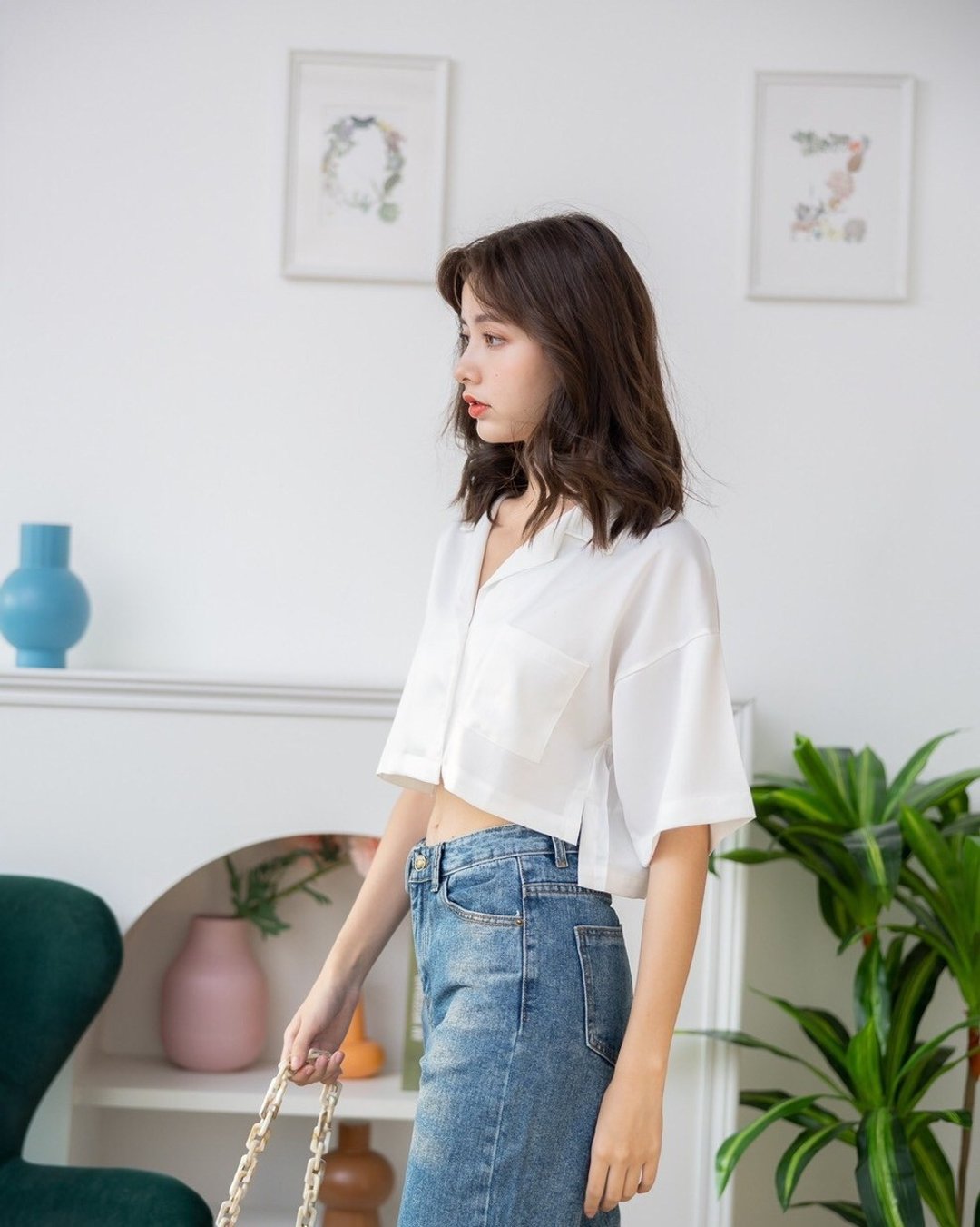 丝滑短版衬衫：白色 - 女装衬衫 - 丝．绢 白色