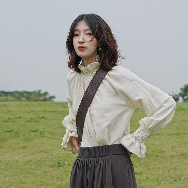 宫廷风荷叶边长袖衬衫|衬衫|上衣|秋冬款|棉麻|Sora-616 - 女装衬衫 - 棉．麻 白色