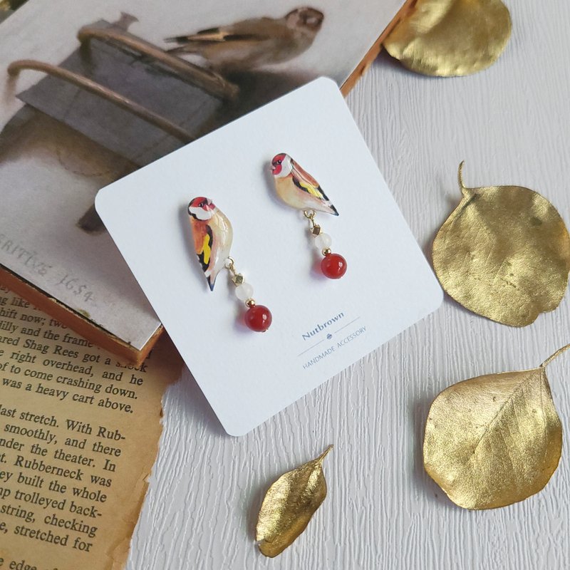 【动物们 No.067】红额金翅雀  耳环/耳夹 - 耳环/耳夹 - 树脂 红色
