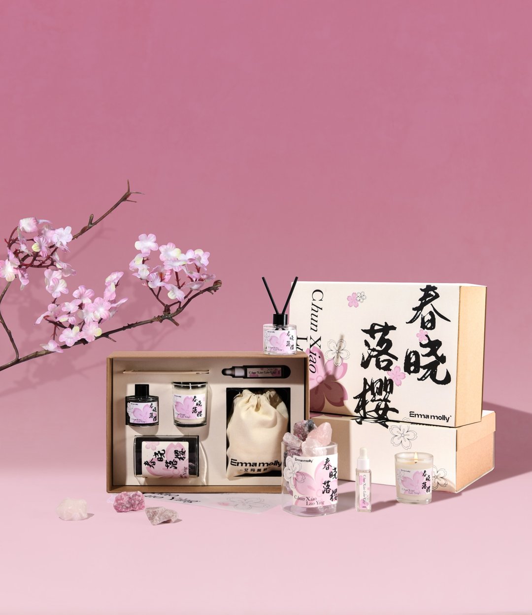 櫻花香薰蠟燭禮盒 晶石套裝喬遷禮結婚伴手禮女生 生日禮物 - 香薰/精油/线香 - 其他材质 