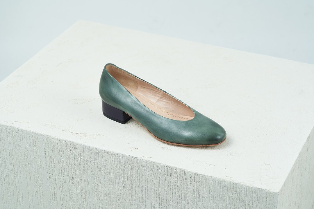 HTHREE 圆头3.4跟鞋 / 绿灰 / 跟鞋 / Round Toe Heels - 高跟鞋 - 真皮 绿色