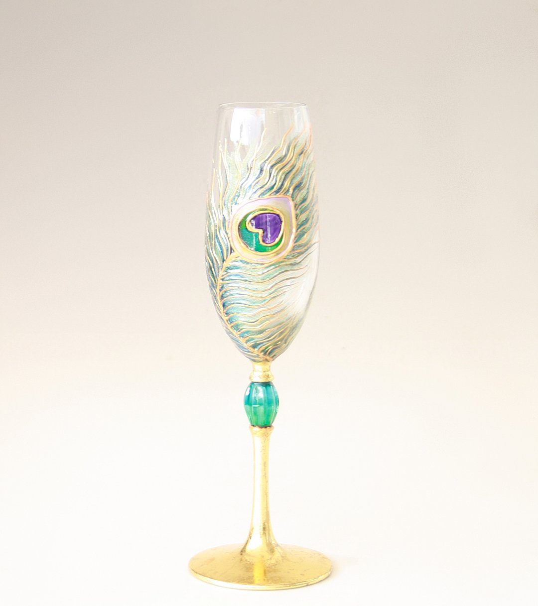 Peacock Feather Champagne Glass Gold Hand-painted - 酒杯/酒器 - 玻璃 金色