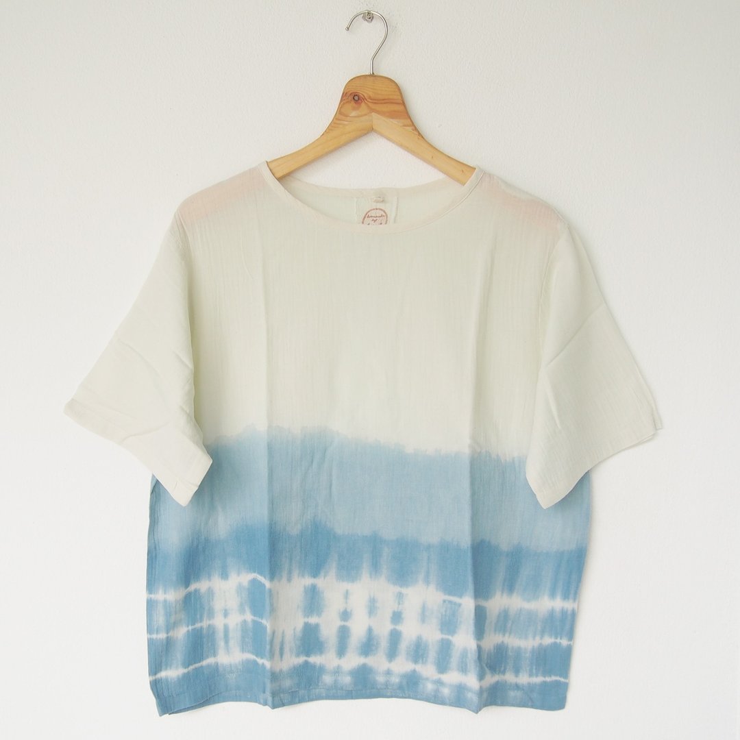 Indigo stripe part short-sleeve shirt - 女装上衣 - 棉 蓝色