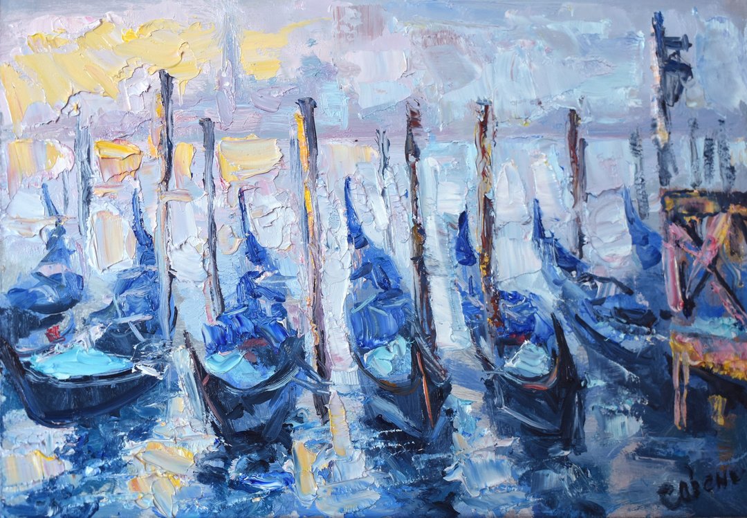 Italy Painting Venice Original Art Landscape Grand Canal Gondolas City 油畫原作 - 海报/装饰画/版画 - 木头 多色