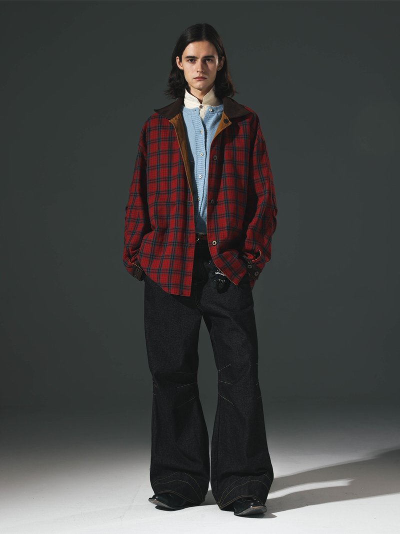 【双面穿】Unvesno(UN)猎装磨毛两穿皮领格子灯芯绒夹克中长款 - 男装外套 - 棉．麻 