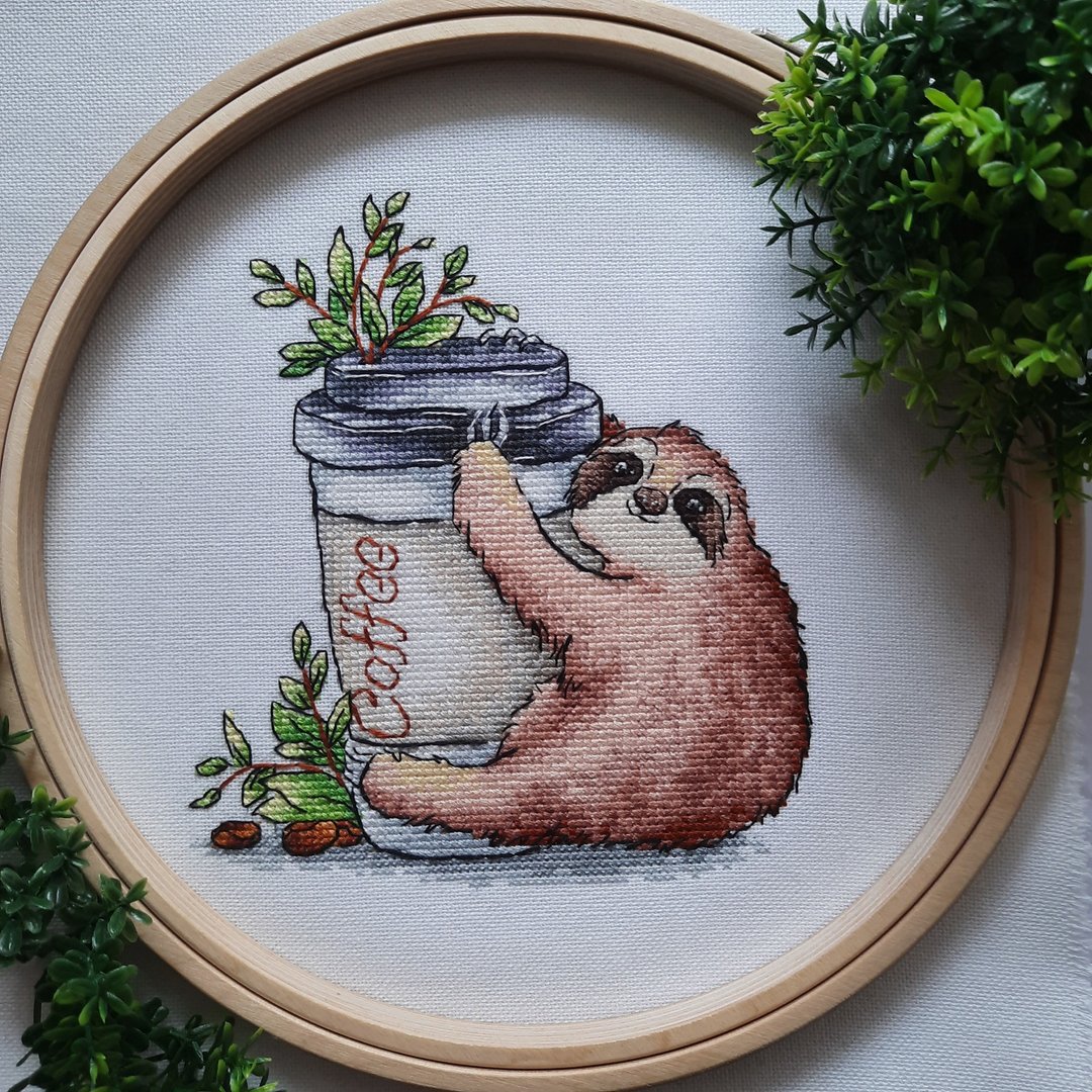 Cross stitch sloth coffee animals drink PDF file , cartoon, Threads DMC - 编织/刺绣/羊毛毡/裁缝 - 其他材质 