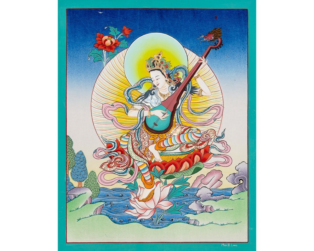 手工制作的萨拉斯瓦蒂唐卡 - 智慧、音乐与艺术的女神 - 墙贴/壁贴 - 其他金属 多色