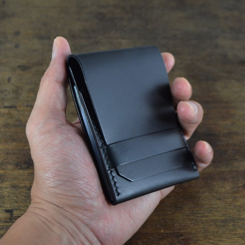 意大利协会认证植鞣革黑色手缝个性短夹/卡夹/钱夹/皮夹 - 名片夹/名片盒 - 真皮 黑色