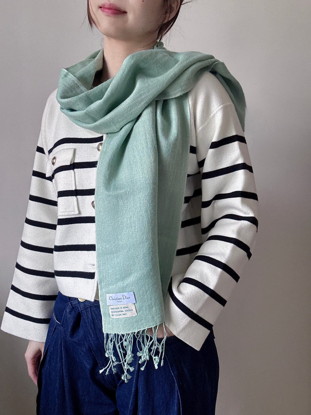 中古正品 Christian Dior 迪奥 淡绿色 羊绒披肩围巾 cashmere - 围巾/披肩 - 羊毛 绿色