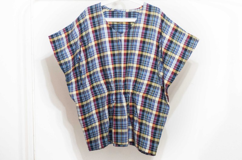 格纹上衣/拼接蝴蝶袖上衣/纯棉宽版上衣/ethnic tops-原味蓝方格 - 女装上衣 - 棉．麻 多色
