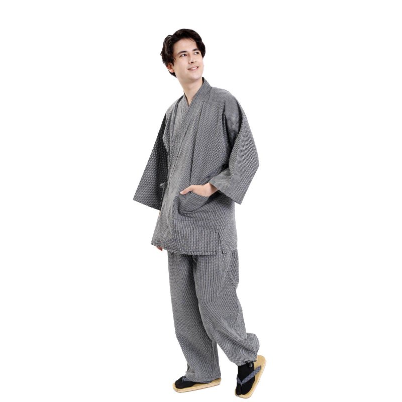 日本 和服 绵 作务衣 居家服 套装 Sashiko 工艺 M L LL 黒白 - 居家服/睡衣 - 棉．麻 咖啡色