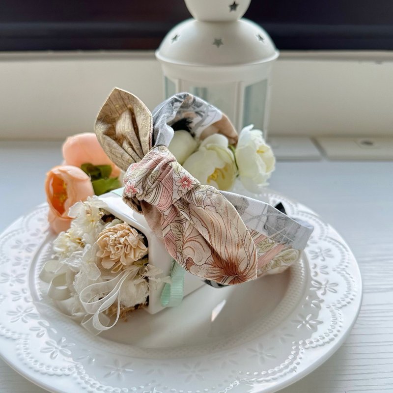 纯棉拼布绑结蝴蝶结发箍头箍发饰-古典伯爵庄园 - 发带/发箍 - 棉．麻 卡其色