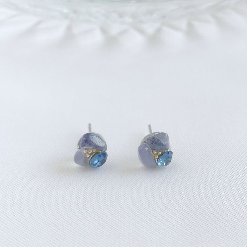 随性。天然石 丹泉石 贴耳耳环 抗敏耳针 耳夹 坦桑石 海洋之心 - 耳环/耳夹 - 水晶 蓝色