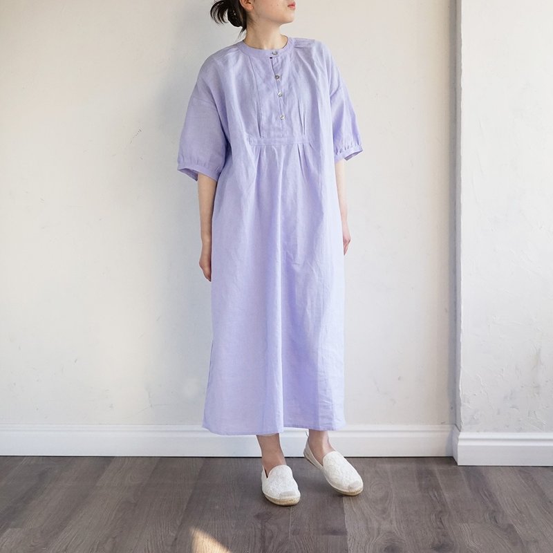五分钟袖连衣裙　亚麻　棉　花卉　牛仔布　落肩　软壳面料纽扣 - 女装衬衫 - 棉．麻 紫色
