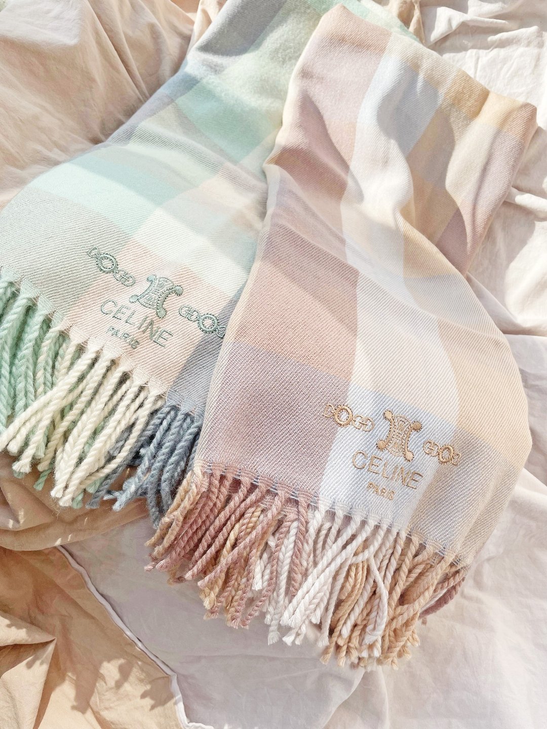 中古美品 CELINE 淡粉 凯旋门格纹 毛毯盖毯颈巾围巾领巾围脖披肩 - 围巾/披肩 - 羊毛 卡其色