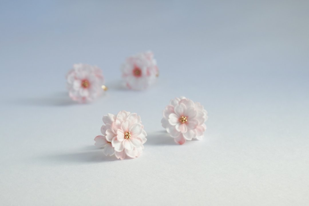粉色花团 八重樱 Yaezakura 细工耳环 无耳坠款 - 耳环/耳夹 - 棉 粉红色