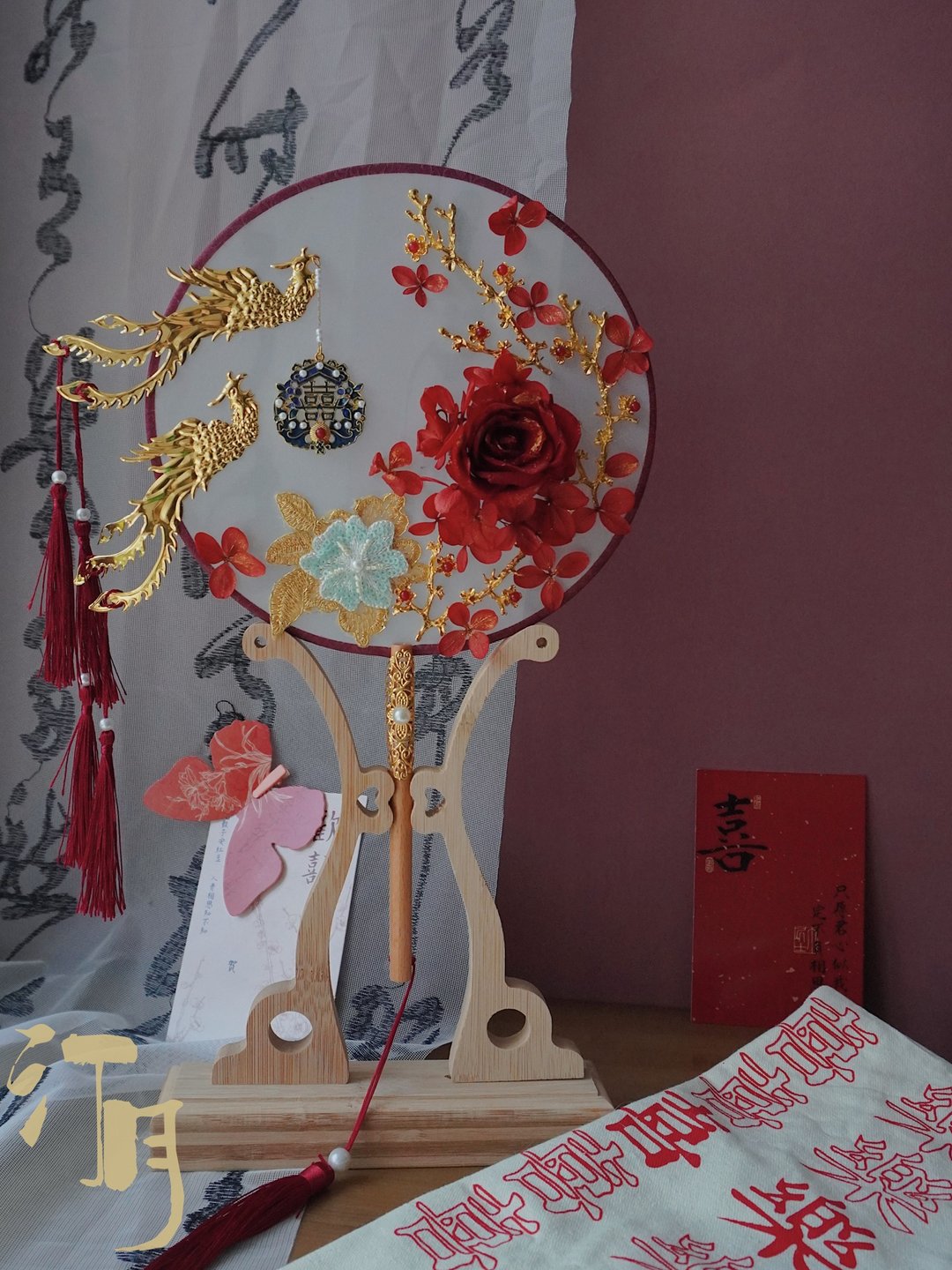凤凰于飞 团扇diy材料包 婚礼喜扇 新娘团扇永生花成品 - 干燥花/捧花 - 植物．花 红色