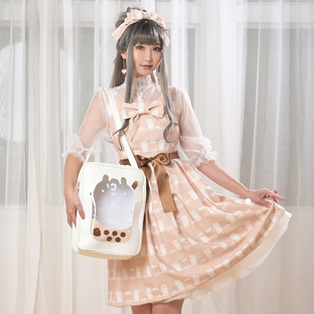 插画印花│日系可爱无袖收腰连身裙│萝莉塔│Lolita│珍珠奶茶 - 洋装/连衣裙 - 聚酯纤维 卡其色