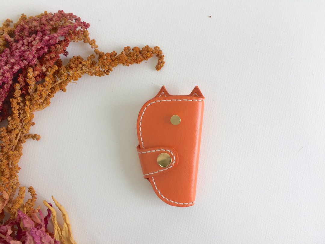 毕业礼物Vespa猫咪造型钥匙包＿皮革手工缝制 Handmade Key holder - 钥匙链/钥匙包 - 真皮 橘色