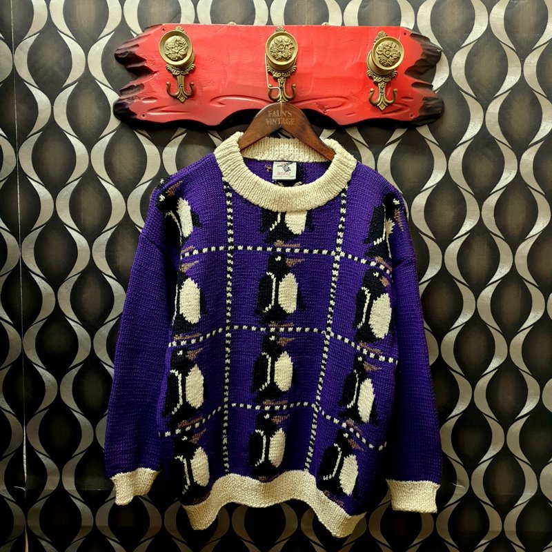 小龟葛葛-新西兰-紫色小企鹅手工针织古着毛衣 - 女装针织衫/毛衣 - 羊毛 紫色