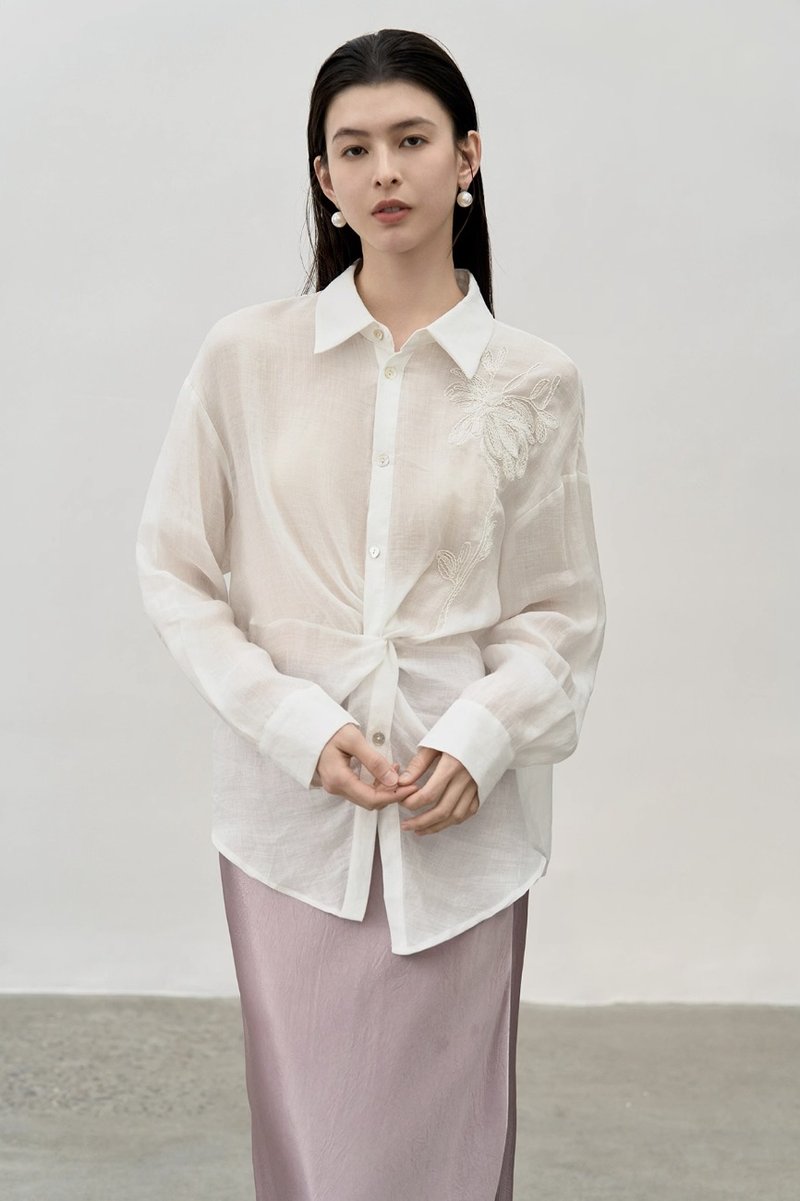 法式极简 亚麻微透防晒衬衫上衣 - 女装衬衫 - 其他材质 白色