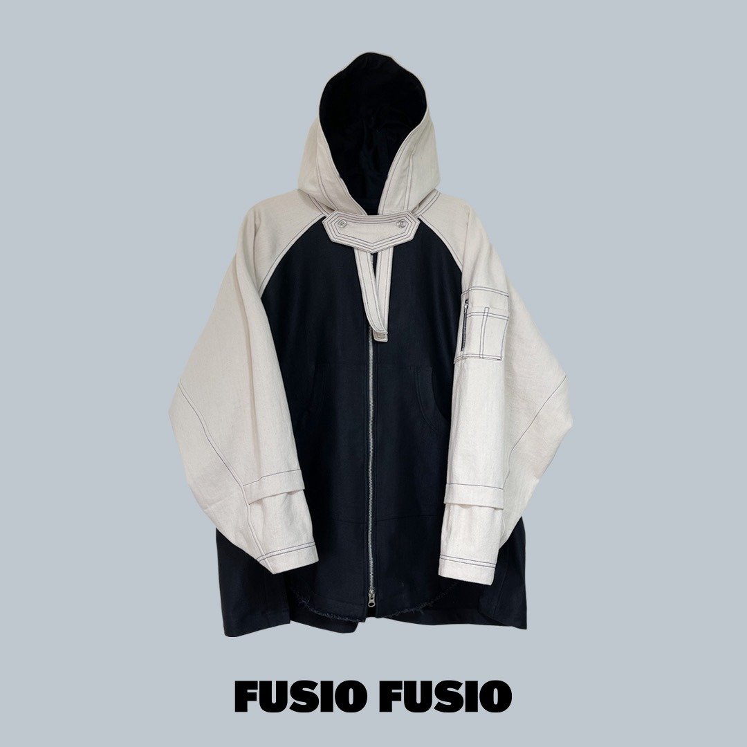 FUSIOFUSIO 黑白斜纹布连帽外套 - 男装外套 - 棉．麻 白色