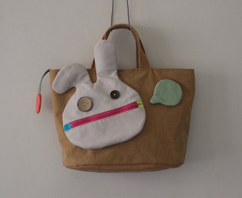 布布抱抱booboohug | 浅咖啡色帆布便当包-兔子闭嘴 - 手提包/手提袋 - 棉．麻 咖啡色
