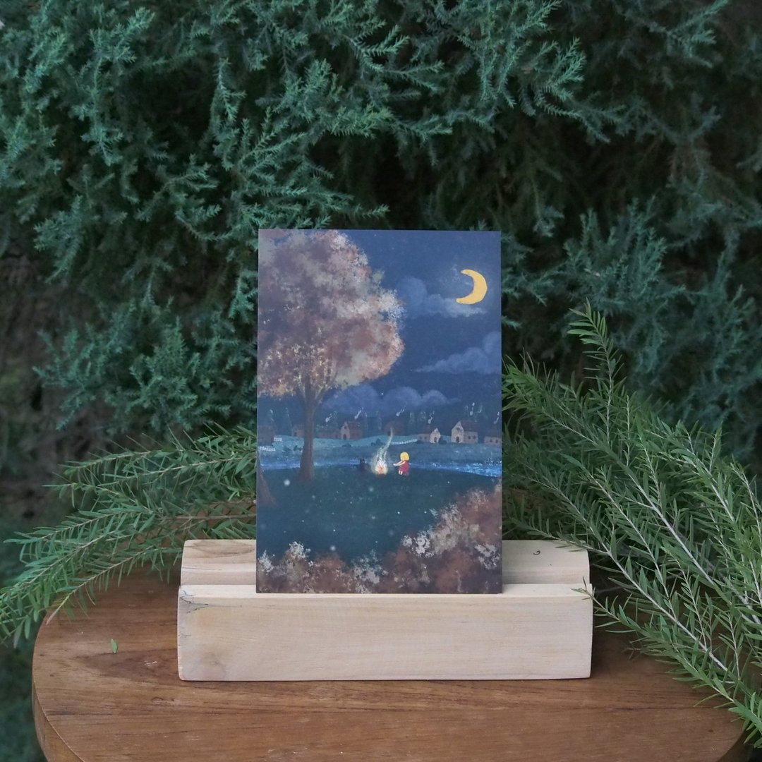 Postcard Bonfire time at white cat village - 卡片/明信片 - 纸 黑色