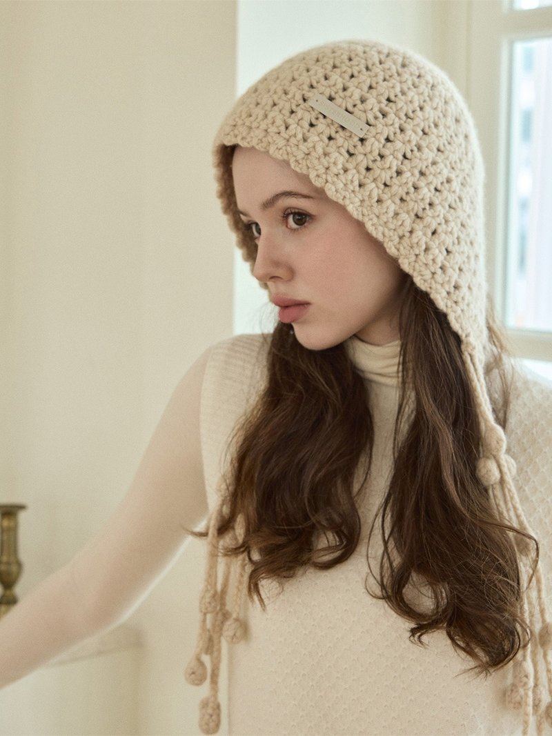 100% 喀什米尔羊绒 手工钩织绒球毛帽 - 象牙白/棕色 - 帽子 - 环保材料 卡其色