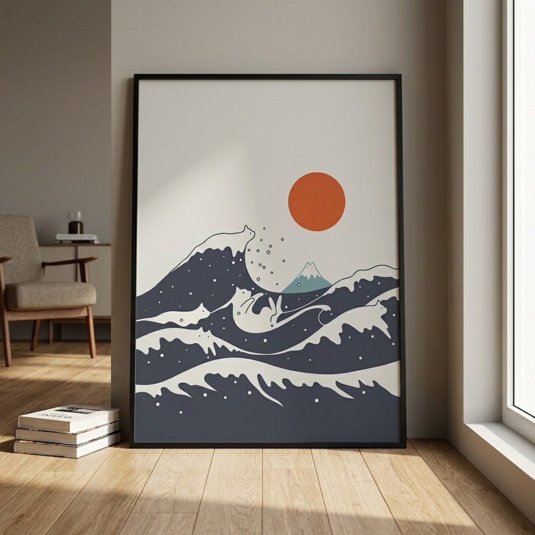 【独家版画】ilovedoodles | 猫咪地景55A-海面冲浪猫猫 - 海报/装饰画/版画 - 纸 