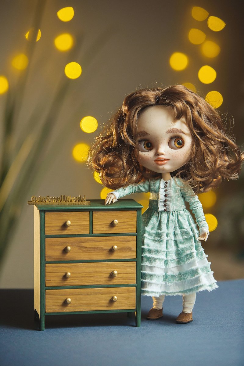 1/6比例迷你娃娃五斗橱。娃娃屋家具，房间箱 - 玩偶/公仔 - 木头 绿色