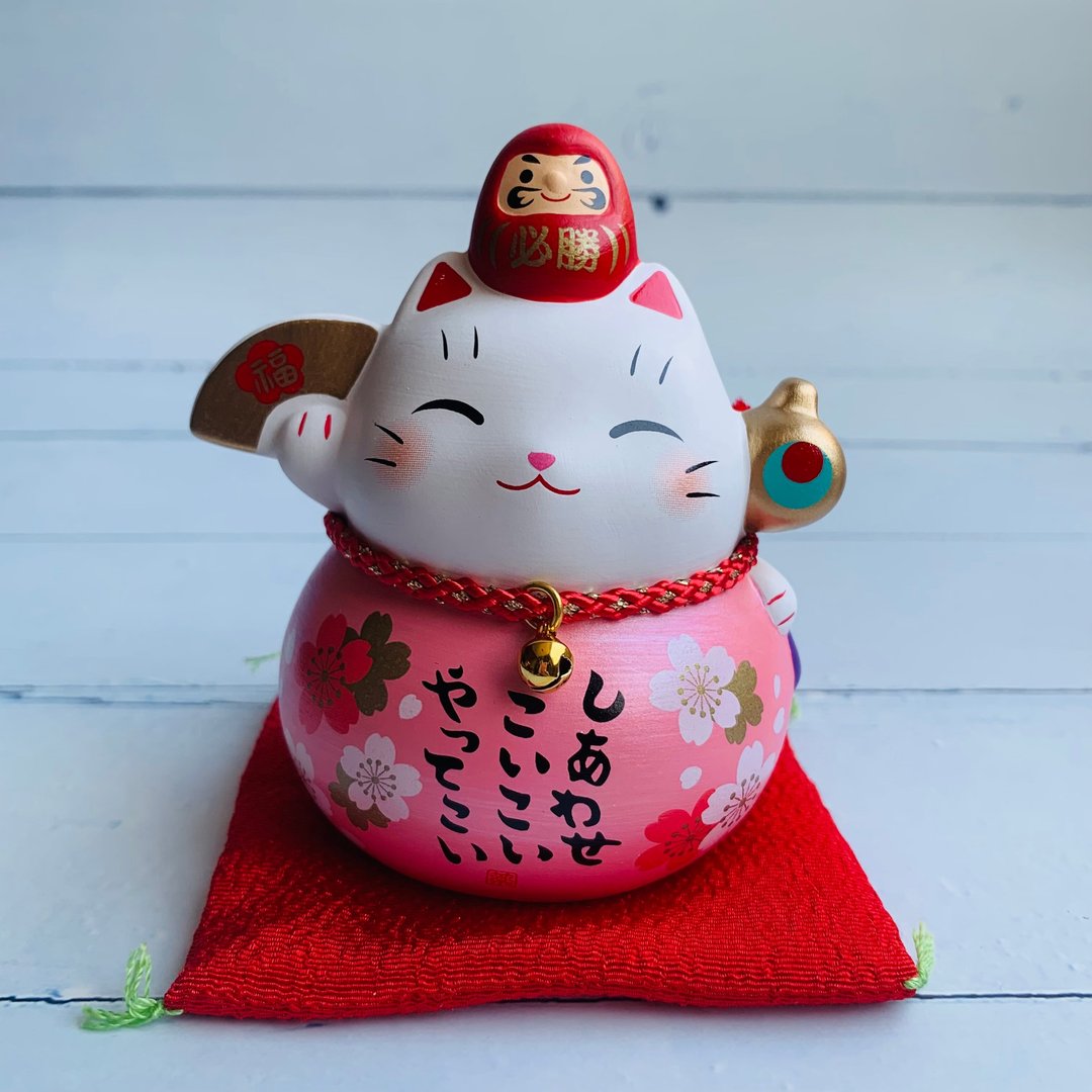彩耀必胜达摩与招财猫-幸福/福气/粉樱花/扇/福槌-小-日本吉祥物 - 摆饰 - 陶 