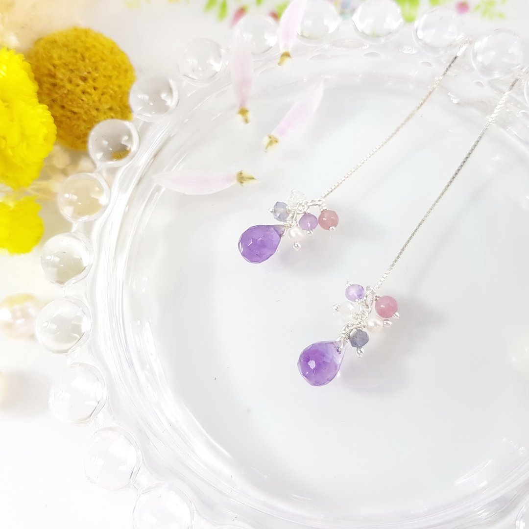 优雅小妞系列 - 鸢尾紫水晶纯银耳链  Amethyst  2月诞生石 - 耳环/耳夹 - 宝石 紫色