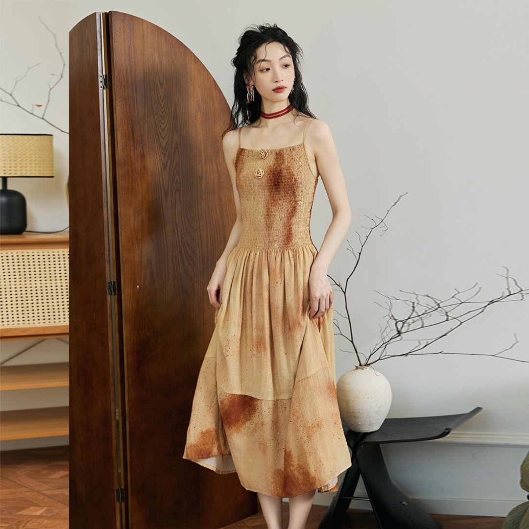 南法度假风洋装 女夏2024新款 茶歇法式打揽松紧显瘦吊带洋装 - 洋装/连衣裙 - 其他材质 橘色