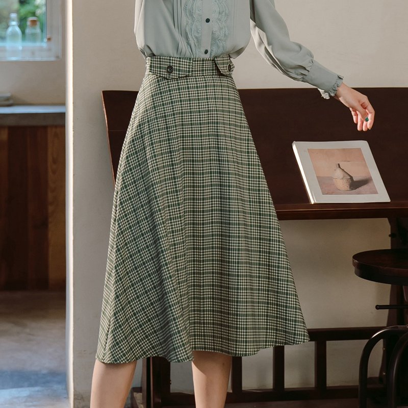 格子半身裙女中长款高腰A字伞裙子洋装 - 裙子 - 聚酯纤维 绿色