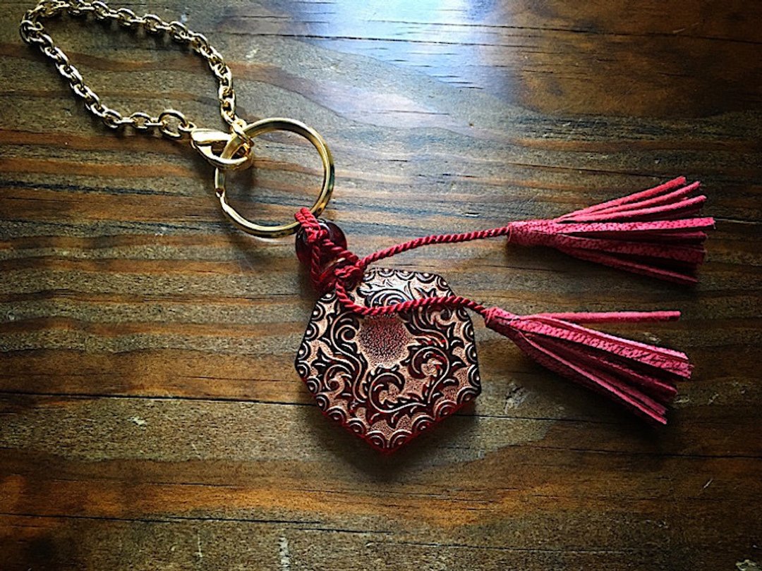 Vintage glass and French goat leather tassel bag charm garnet - 吊饰 - 真皮 红色